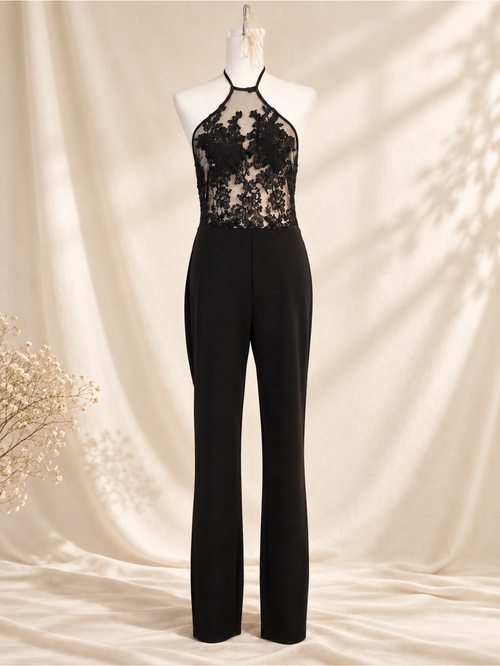 Fashion Nova Black Lace Crystal Halter Jumpsuit – Size Medium